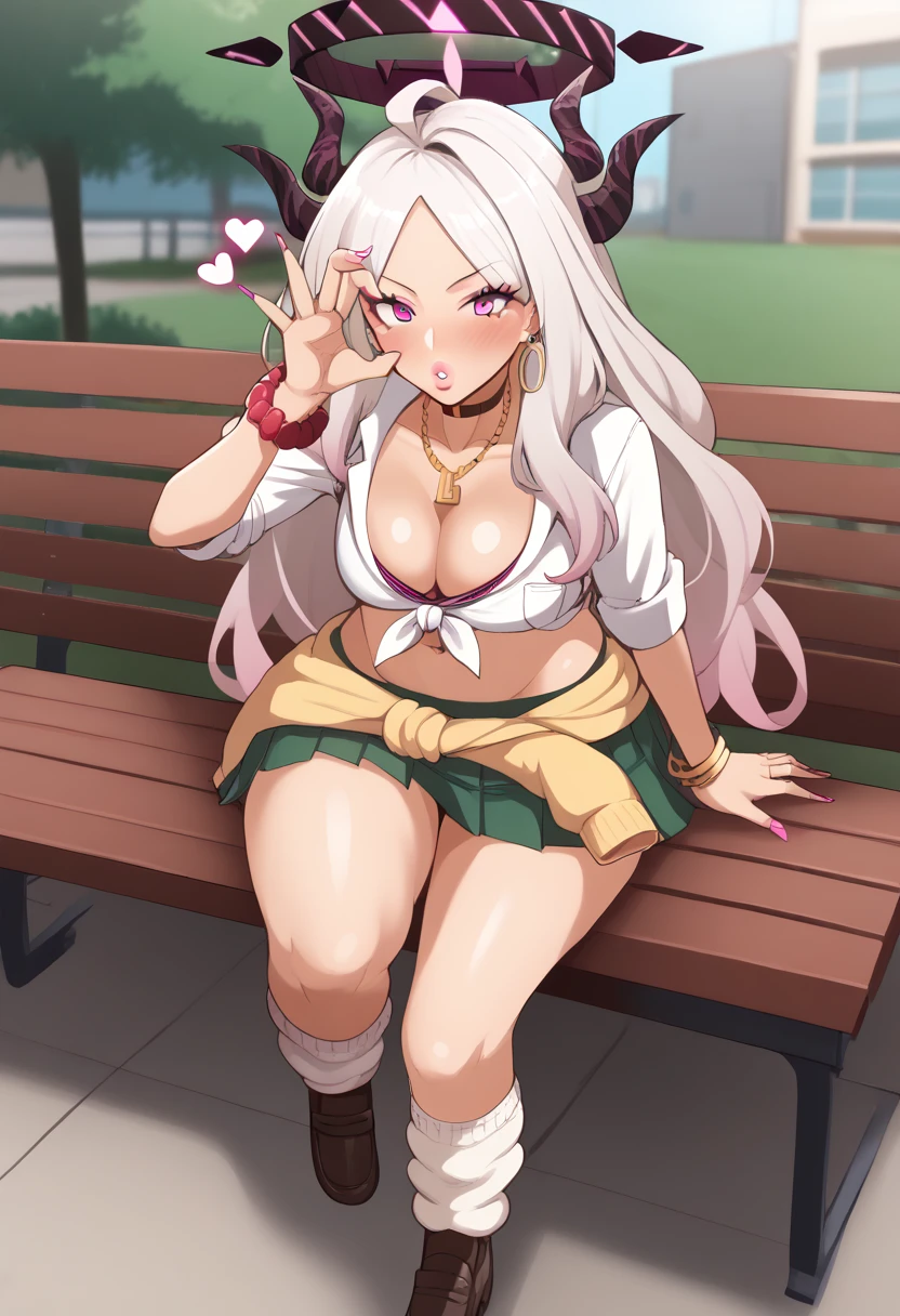 Score_9, score_8_up, score_7_up, score_6_up, source_anime, gyaru, slutty_clothes, (yamaori_style), hina_\(blue_archive\), silver hair, horns, halo, parted bangs, long hair, sitting on bench, knee up, cowboy shot, fellatio gesture, heart, 1girl, solo, looking at viewer, blush, parted lips, white lips, thick lips, bimbo, gyaru, huge lips, front-tie top, pleated skirt, green skirt, white leg warmers, loose socks, loafers, clothes around waist, bracelet, curvy, voluptuous, small breasts, cleavage, midriff, outdoors, park, on bench, day, tree,