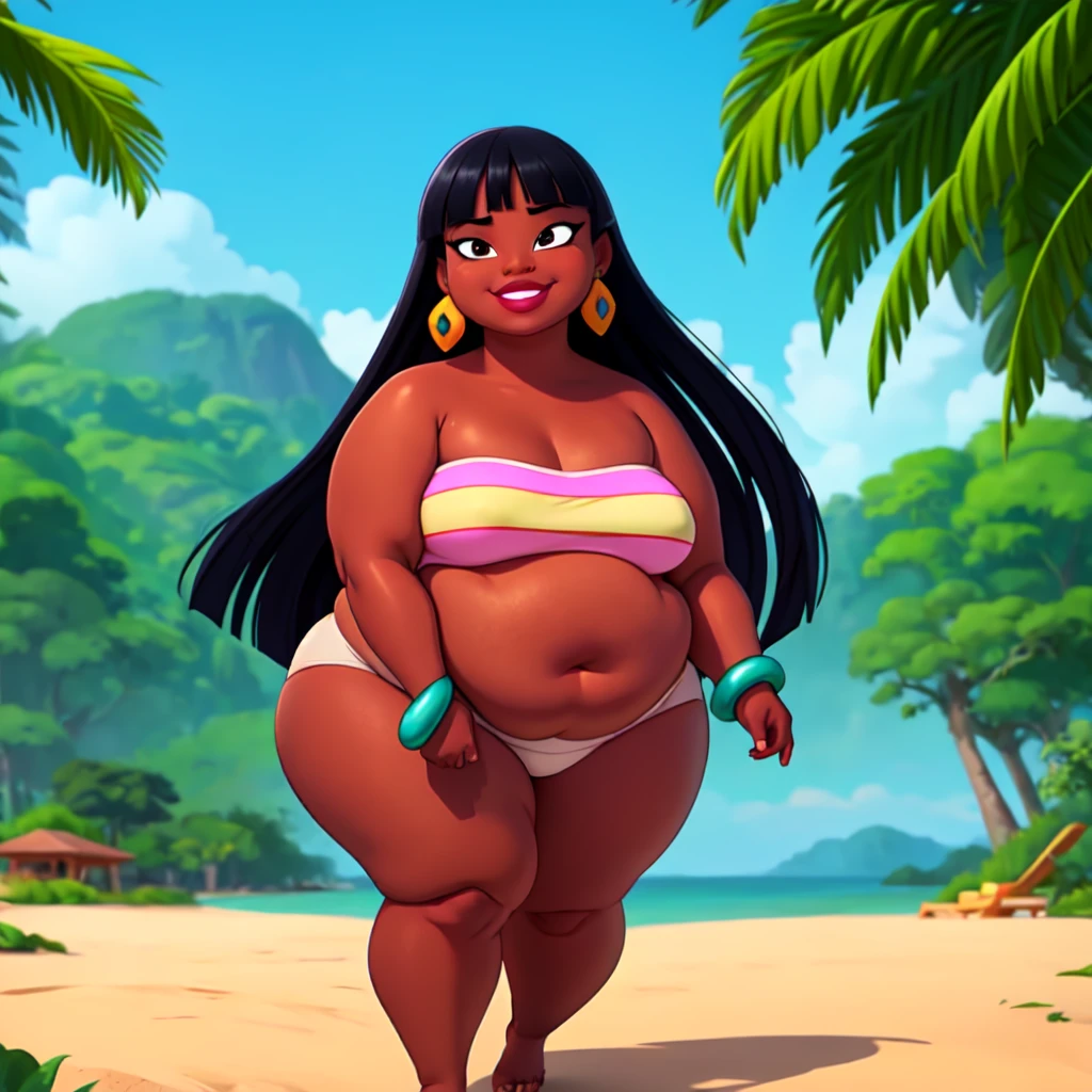 (work of art:1.2, best qualityer:1.2), SSBBW, Giant breasts, thunder thighs, soft ambient lighting, perfect lighting, 1 girl, standing alone, Chel, Bblack hair, long hair, rhombus stripe, eyes browns, darkskin, lipstick, breasts big, Broad Hips, top of the tube, neckleace, bared shoulders, emerald earrings, emerald bracelets, looking at the camera with a smug expression on his face, beach background, very large body, fat belly rolls, big breasts, sexy smile, fat arms, thunder thighs, super fat, looking at viewer, wet clothes, sweating very hard, sexy looking, blob