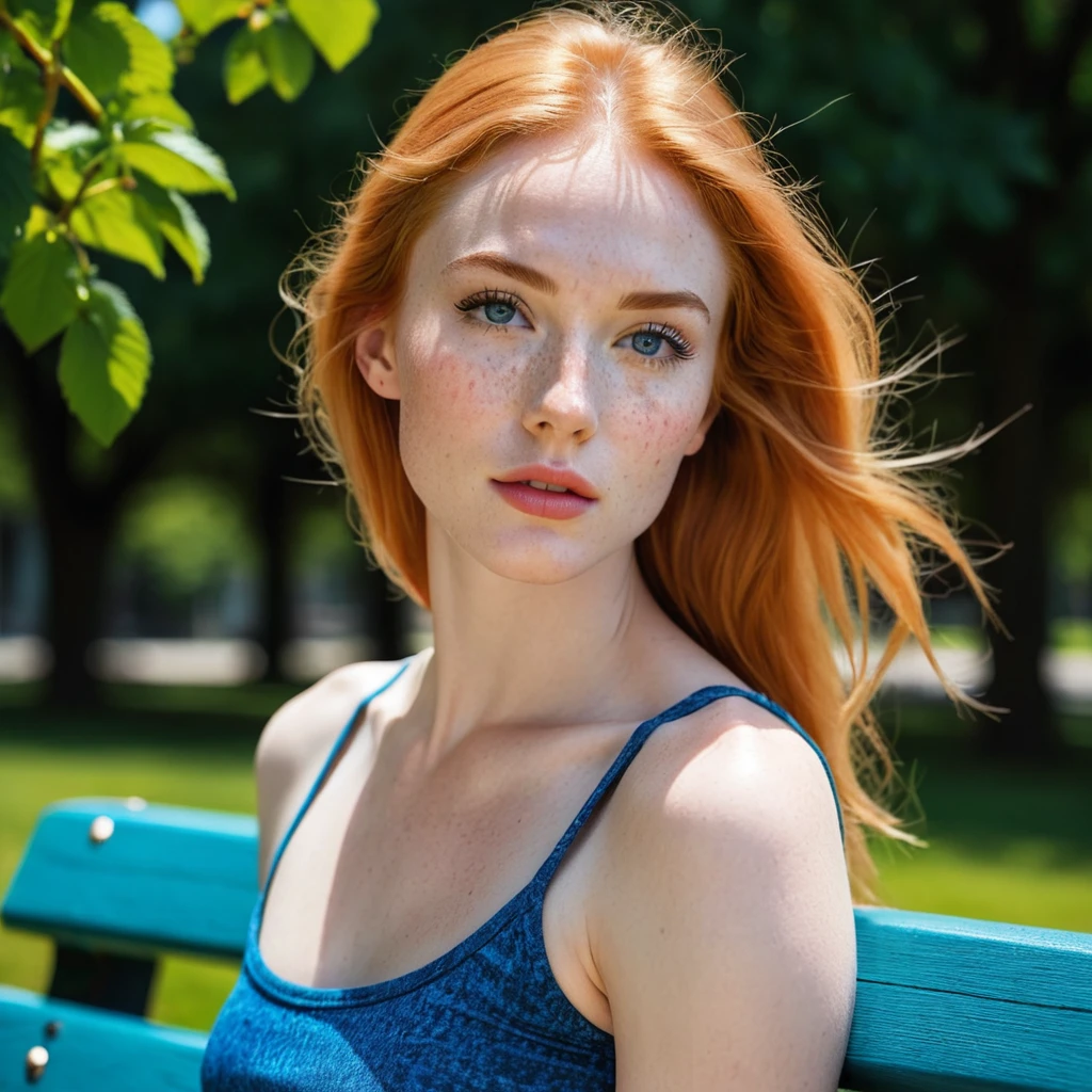 Stacey, A tall, young woman, 22 years old, with long shoulders, athletic, lanky female, a strong build and long, freckles, strawberry blonde hair, freckles. Her skin is pale, toned arms, and a muscular midsection. long legs, She has small breasts, well defined chest, and soft thighs, giving her a delicate and graceful appearance. Her overall look is average in terms of attractiveness, with features that blend in rather than stand out, sitting on a park bench, asymmetrical, bodycon,skirt, Tank top , minimalist art, abstract, bold colors, 1girl, beautiful detailed eyes, beautiful detailed lips, extremely detailed face, long eyelashes, portrait, digital painting, oil painting, acrylic, vibrant colors, vivid colors, high contrast, dramatic lighting, cinematic lighting, dramatic shadows, minimalist background, geometric shapes, clean composition, surreal, dreamlike, impressionistic, hyperrealistic, photorealistic, 8k, highres, best quality, masterpiece, symmetrical