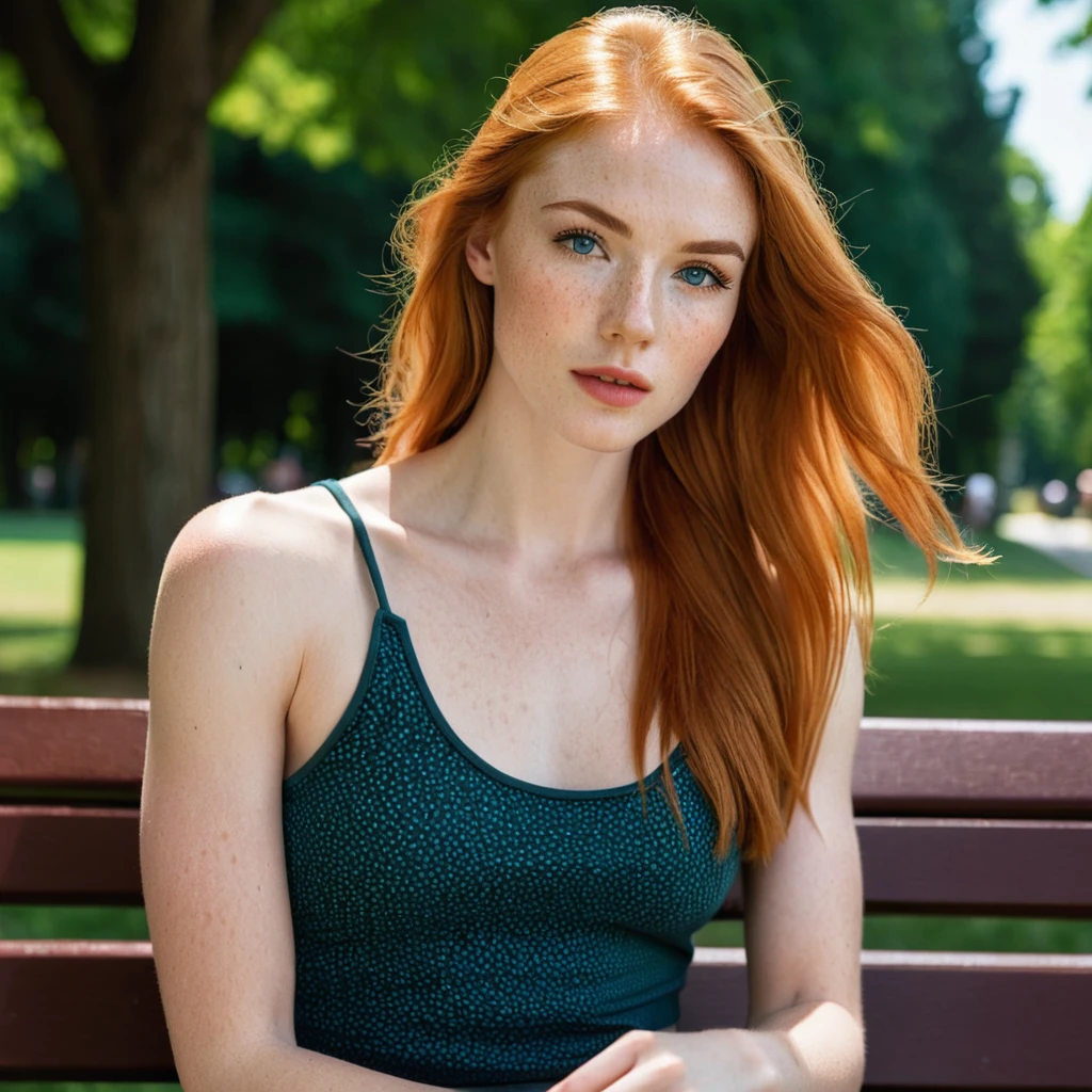 Stacey, A tall, young woman, 22 years old, with long shoulders, athletic, lanky female, a strong build and long, freckles, strawberry blonde hair, freckles. Her skin is pale, toned arms, and a muscular midsection. long legs, She has small breasts, well defined chest, and soft thighs, giving her a delicate and graceful appearance. Her overall look is average in terms of attractiveness, with features that blend in rather than stand out, sitting on a park bench, asymmetrical, bodycon,skirt, Tank top , minimalist art, abstract, bold colors, 1girl, beautiful detailed eyes, beautiful detailed lips, extremely detailed face, long eyelashes, portrait, digital painting, oil painting, acrylic, vibrant colors, vivid colors, high contrast, dramatic lighting, cinematic lighting, dramatic shadows, minimalist background, geometric shapes, clean composition, surreal, dreamlike, impressionistic, hyperrealistic, photorealistic, 8k, highres, best quality, masterpiece, symmetrical