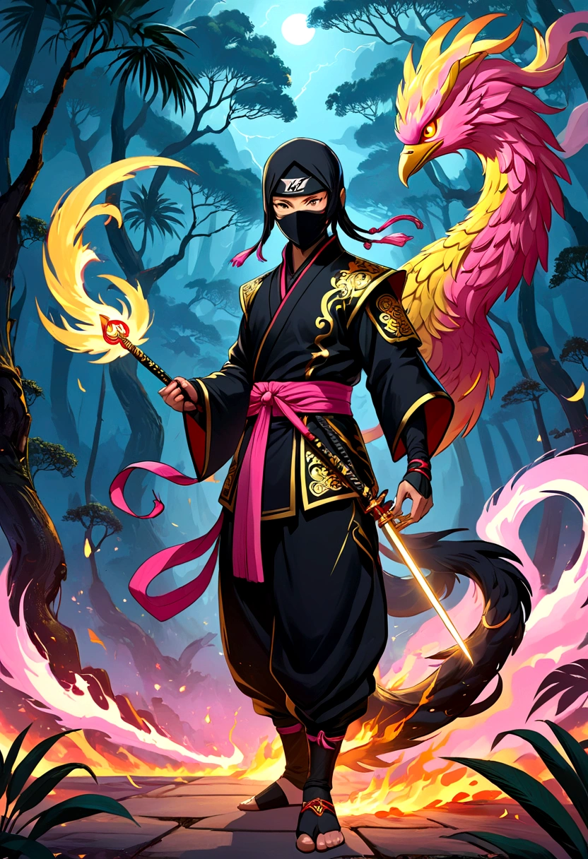 A mischievous ninja in midnight black traditional Chinese attire, golden accessories, stealthy stance, holding a phoenix-patterned kunai, mesmerizing eyes, palms edge lighten by gentle pink fire, epic air and lightning and forest bending shot, Gustatory-Auditory Synesthesia art, super high detail