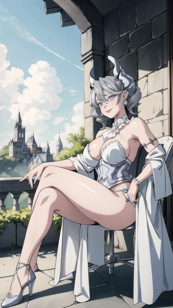 garden sun light High level image quality best image quality 8K adult woman silver castle outside more colors whole body view portrait bikini horn ears short hair((shortcut)(gray hair)(perm)(fluffy)) eye color is blue , , attractive evil face , smile , sexy pose , labrynth , barearm , wearing white , sitting on chair , crossed legs , view side