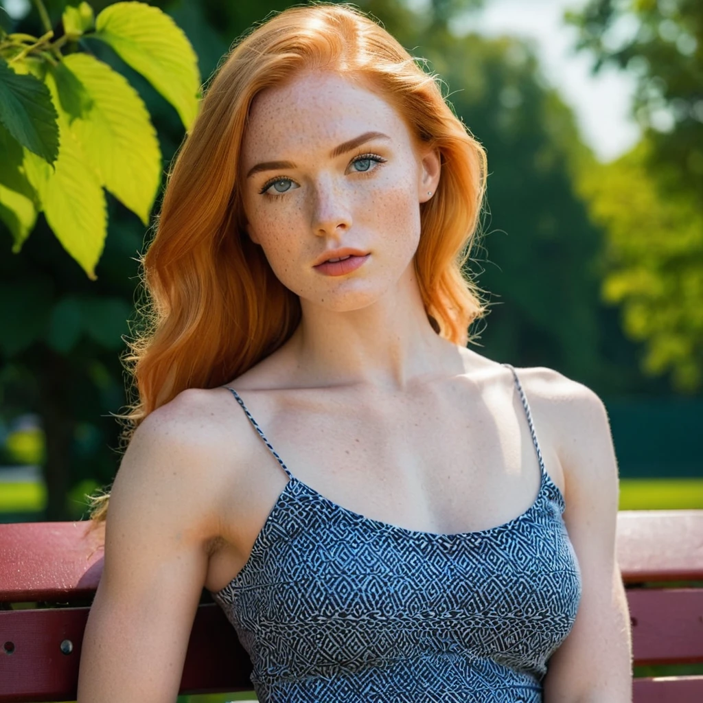 Stacey, A tall, young woman, 22 years old,  with long shoulders, athletic, lanky female, a strong build and long, freckles, strawberry blonde hair, freckles. Her skin is pale, toned arms,  and a muscular midsection. long legs, She has small breasts, well defined chest, and soft thighs, giving her a delicate and graceful appearance. Her overall look is average in terms of attractiveness, with features that blend in rather than stand out, sitting on a park bench, asymmetrical, bodycon,skirt, Tank top , minimalist art, abstract, bold colors, 1girl, beautiful detailed eyes, beautiful detailed lips, extremely detailed face, long eyelashes, portrait, digital painting, oil painting, acrylic, vibrant colors, vivid colors, high contrast, dramatic lighting, cinematic lighting, dramatic shadows, minimalist background, geometric shapes, clean composition, surreal, dreamlike, impressionistic, hyperrealistic, photorealistic, 8k, highres, best quality, masterpiece, symmetrical 