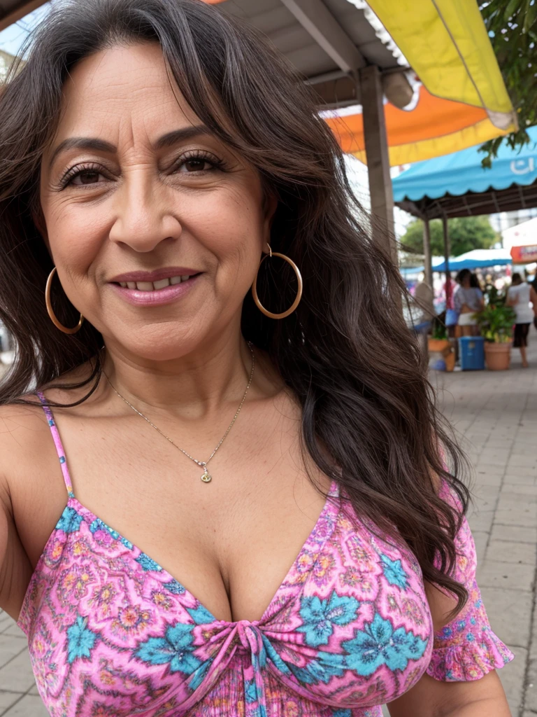 1girl, photorealistic, realistic, Latina woman, thick lips, mature, 65 years old, Latina, crimpy hair, brown skin, Latina nose, Latina eyes, Latina body, cleavage, ((background: outside Public Market)), wearing pastel printed dress, outdoor, ((selfie shot)), smiling