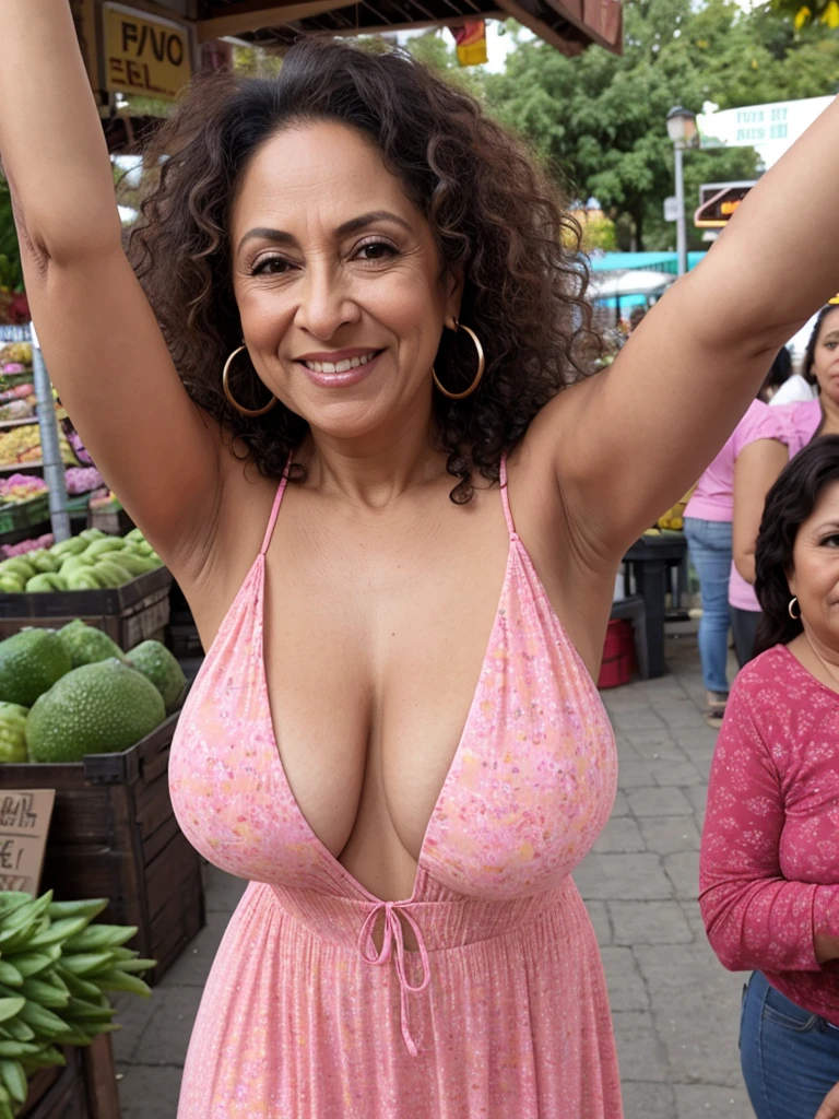 A photorealistic image of a naked 80 year old woman walking through a busy market, with vendors selling colorful fruits and vegetables all around. Shot from a close-up angle to capture the sense of texture and vibrancy, smiling, wide hips, heavy pubic hair