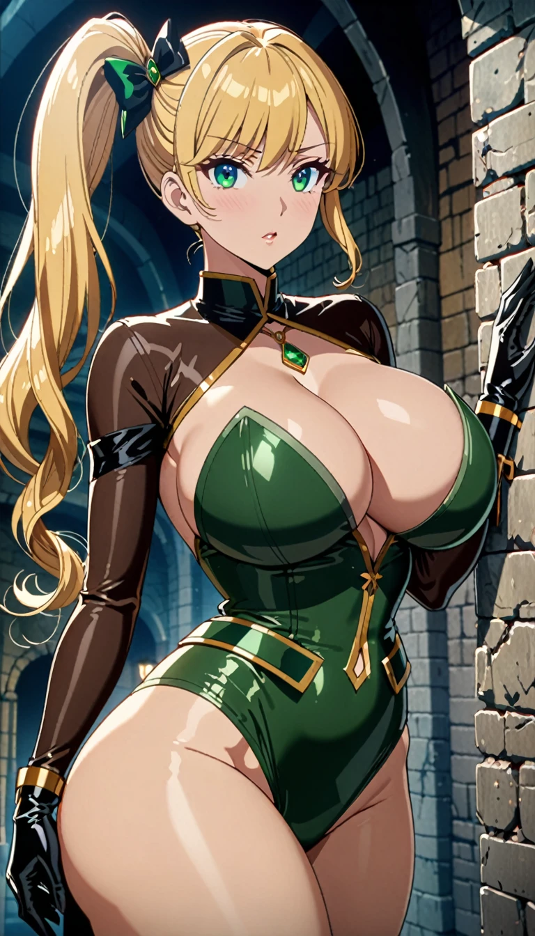 ((masterpiece)), ((high quality)), ((super detailed)), ((high resolution)) ,((8k)), a beautiful woman, ((She is one of the most famous female Thief)), unparalleled beauty, ((huge breast)), ((large ass)), ((deep cleavage)), slim waist, chest out, ultra detailed face, perfect skin, (((Blonde hair in a side ponytail))), Green eyes, detailed eyes, whole body image, (((anime))), ((glamorous)), 21 years old, ((incredibly beautiful woman)), ((The G cup bust)), ((((Light Armor)))), ((beautiful breasts)), beautiful legs, 8 life size, anime, the most beautiful, ((charm)), ((Grown-up face)), ((Perfect fingers)), ((Bewitching)), ((A young heroine)), ((((from below)))), ((Inside the dungeon, Adventurer)),
