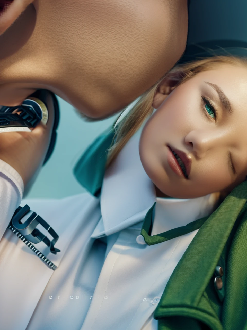 1 man, beautiful detailed eyes, beautiful detailed lips, extremely detailed face and portrait, long eyelashes, blond short hair, white button-up shirt, green tie, green skirt, city street background, rain, dramatic lighting, (best quality,4k,8k,highres,masterpiece:1.2),ultra-detailed,(realistic,photorealistic,photo-realistic:1.37),dynamic composition,vivid colors,cinematic lighting,