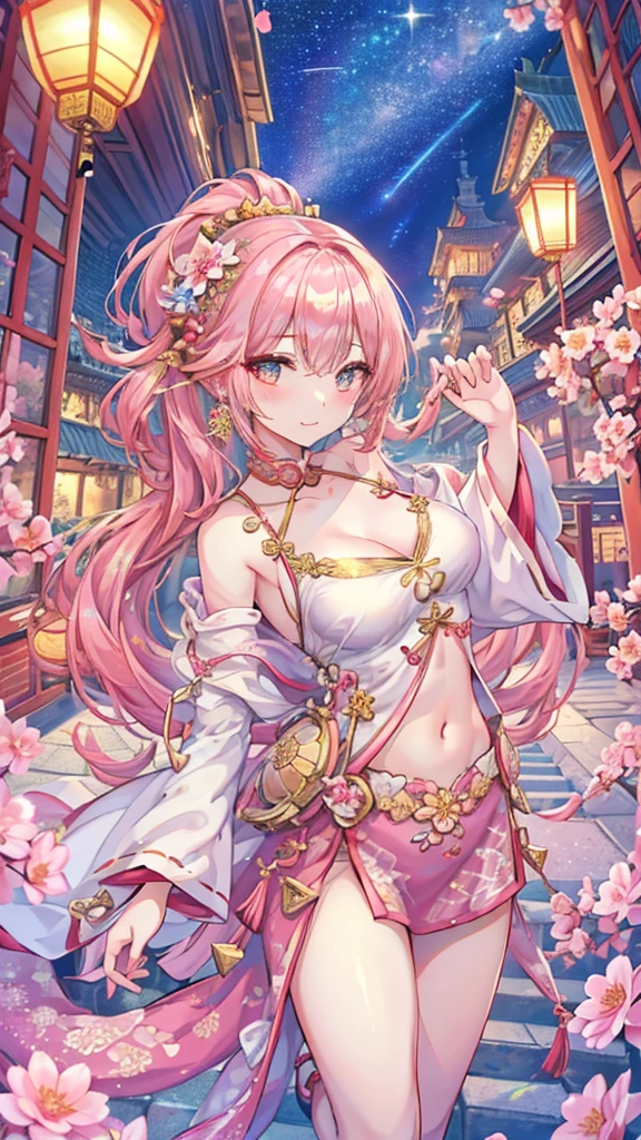 Masterpiece、Highest quality、Super detailed、1 girl、Light pink hair、Fluffy and soft long hair、Starry eyes、Big Tits、Cleavage、Chinese clothing、ribbon、Frills、Belly button、Chinese fantasy town、Earrings、choker、Chinese style hair accessories、City of glitter、lanthanum、smile