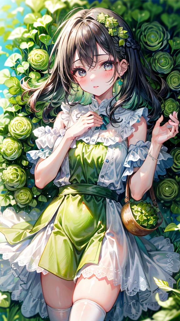 (Best quality, 8k, 32k, Masterpiece, UHD,:1.2),RAW, 1girl,ultra cute , natural lighting,transparent shining eyes, 20yo ,fair complexion, long hair, french braid, flushed face,femur, medium hair, dress Like lettuce, dress made of lettuce leaf, fresh, fresh green dress, Happily, lettuce Field, ((surrounded by lettuces)), emphasizing the femur, Cowboy shot, leaf hair ornaments, cabbage fairy, (((lettuces))), shiny,