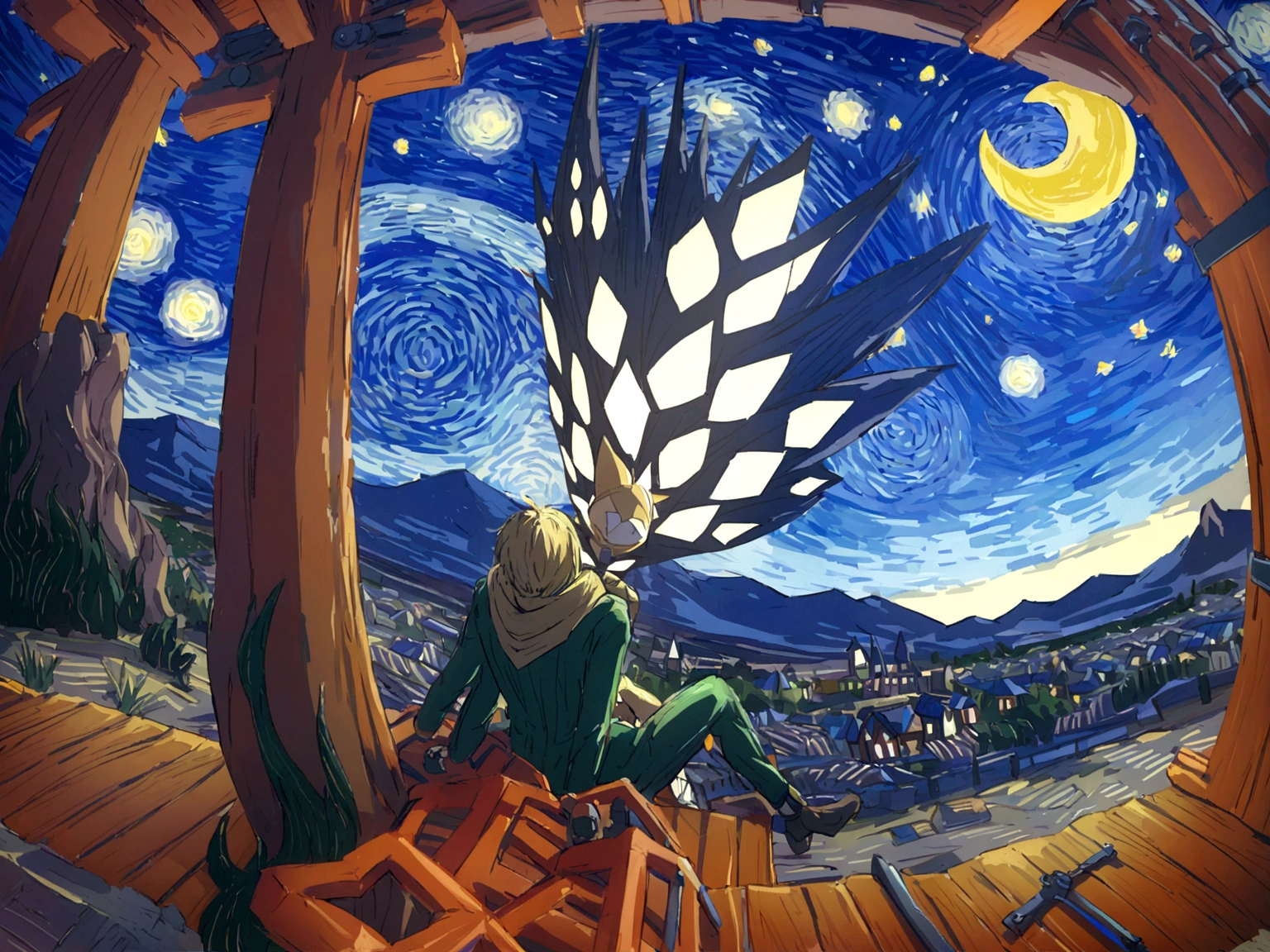 Human blonde boy in a green suit and a gold scarf next to a small orange fox both sitting with their backs looking at a mountain in the distance from the desert, you see a great starry night, but the colors are more vivid due to the pollution of the place
