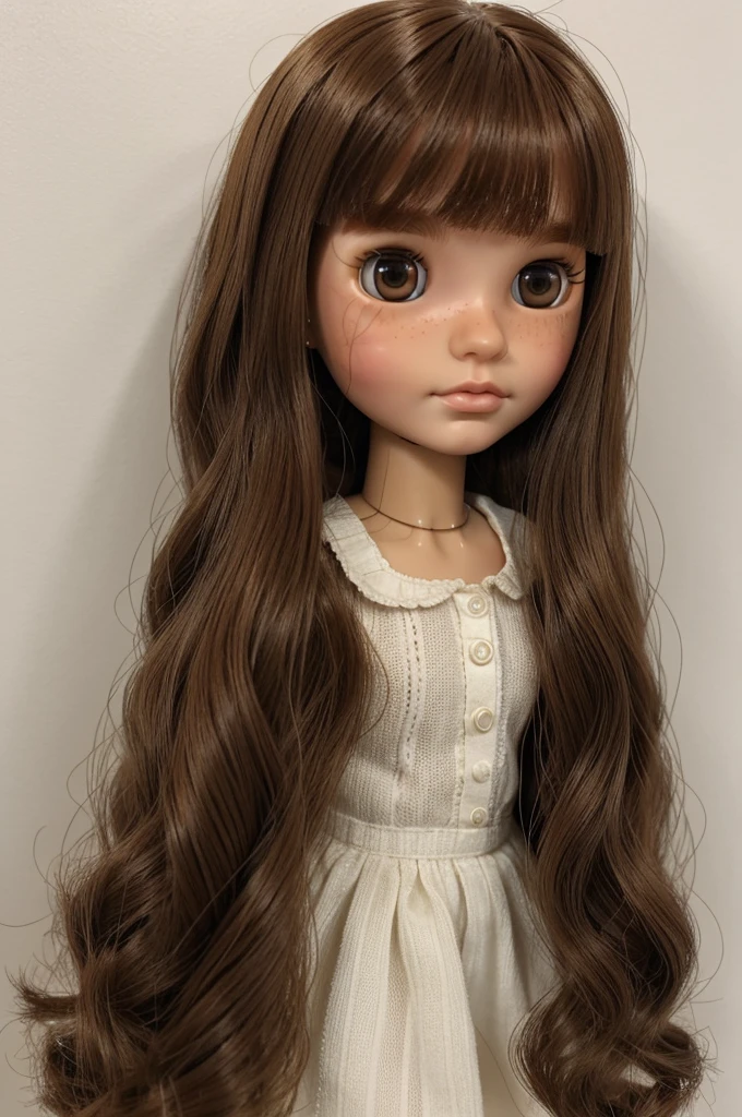 A blythe doll with medium long hair color brown, ((NO bangs)) . Hazel eyes, clear skin and freckles