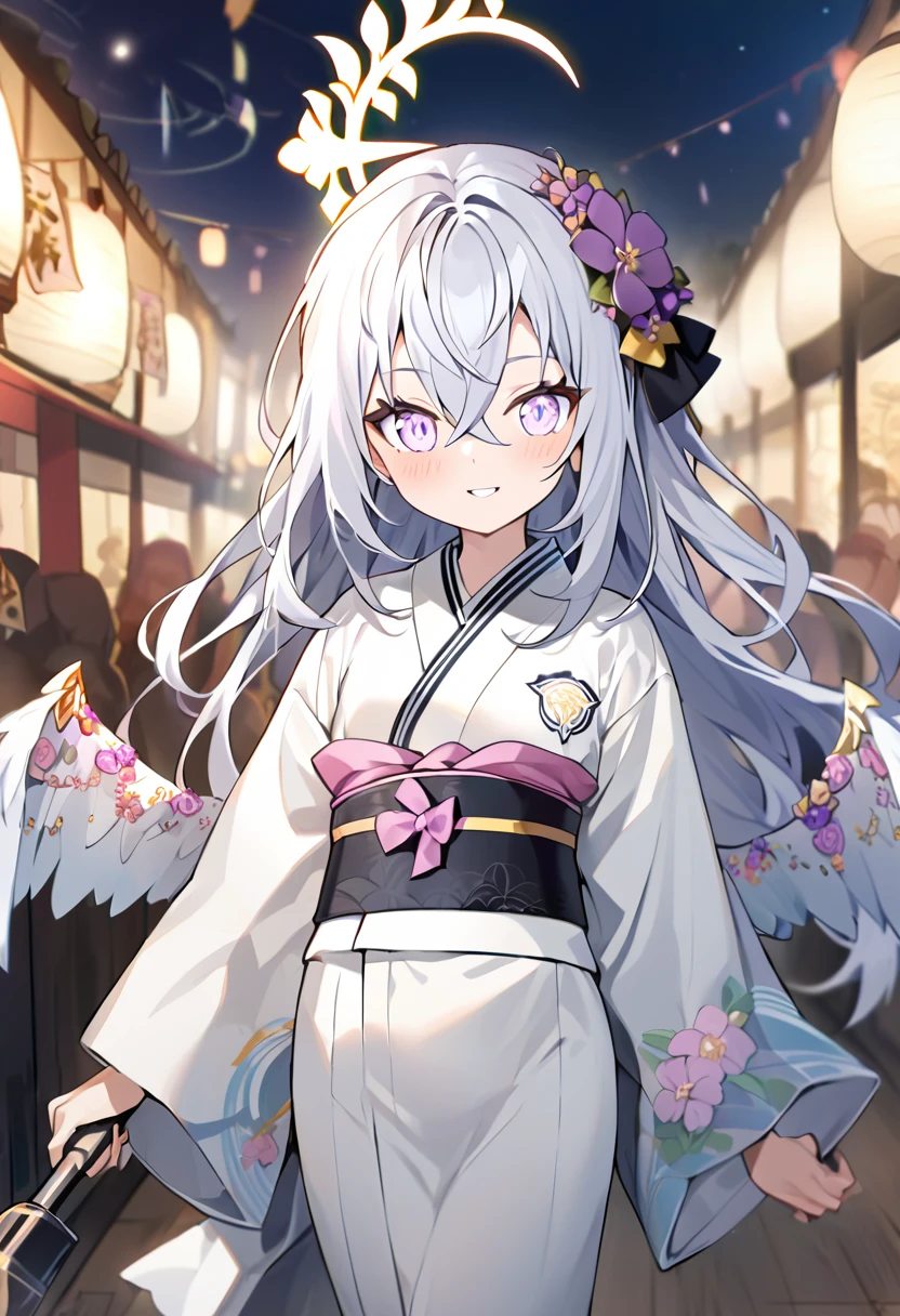 azusa \(blue archive\),1girl alternate_costume angel_wings blurry depth_of_field feathered_wings flower hair_between_eyes hair_flower hair_ornament halo holding_fireworks japanese_clothes kimono long_hair long_sleeves night night_sky obi outdoors parted_lips purple_eyes sash sidelocks sky solo white_hair white_wings wide_sleeves wings yukata smile