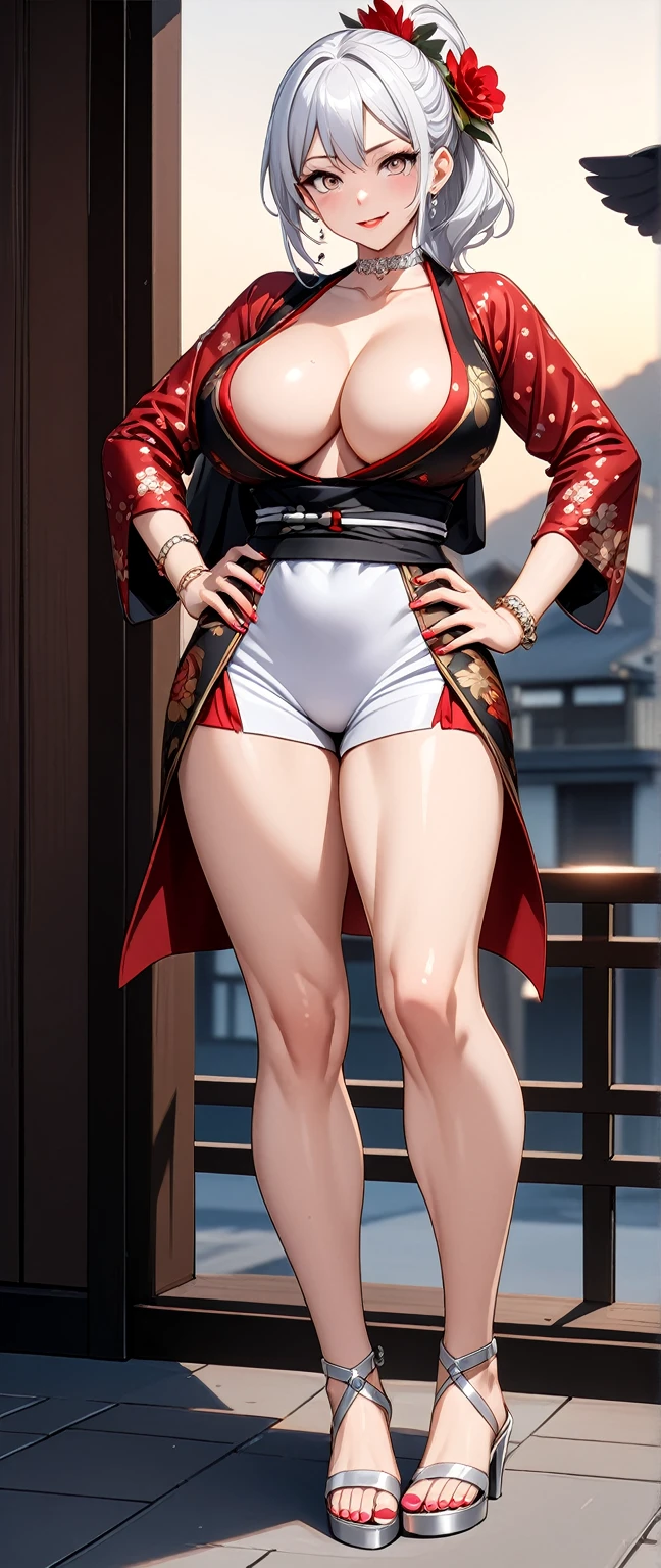 ((One personの女性)), Beautiful Face, full body, (Laughing embarrassedly), (laugh:1.2),((Wink:1.7)), (head tilt:1.3), Laugh with your mouth wide open, upper teeth, looking down at viewer, ((Bright red cheeks:1.4)),Glossy Red Lips,rooftop, firework, Glossy red lips, Shining Face, ((Anime style background)),masterpiece, Highest quality, so beautiful,up to date, Complex details, (Pink long nails),(ring),(bracelet),(Floral choker),AI-generated, Complex,High resolution, Highest quality, super high quality,3D Images、3D Images,One person,Long white hair,High Ponytail, Anime woman posing for a photo,(blue eyes), ((Fine grain、Silvery white, lightly pigmented eyes、Shining Eyes:1.4)), (Squint your eyes:1.1), beautiful detailed eyes, a hyperRealistic , hyperRealistic , Realistic,Anime woman with long white hair, Smooth anime CG art, A woman in a colorful kimono with gold embroidery, (Black long sleeve kimono),Red floral pattern,(black high heel sandals), Long flower hair ornament,Earrings,Mature Body,(Big Breasts:1.1),Tall,Abdominal muscles,Tight waist,(hand on hip), ((pigeon toed:1.4)), (from side),