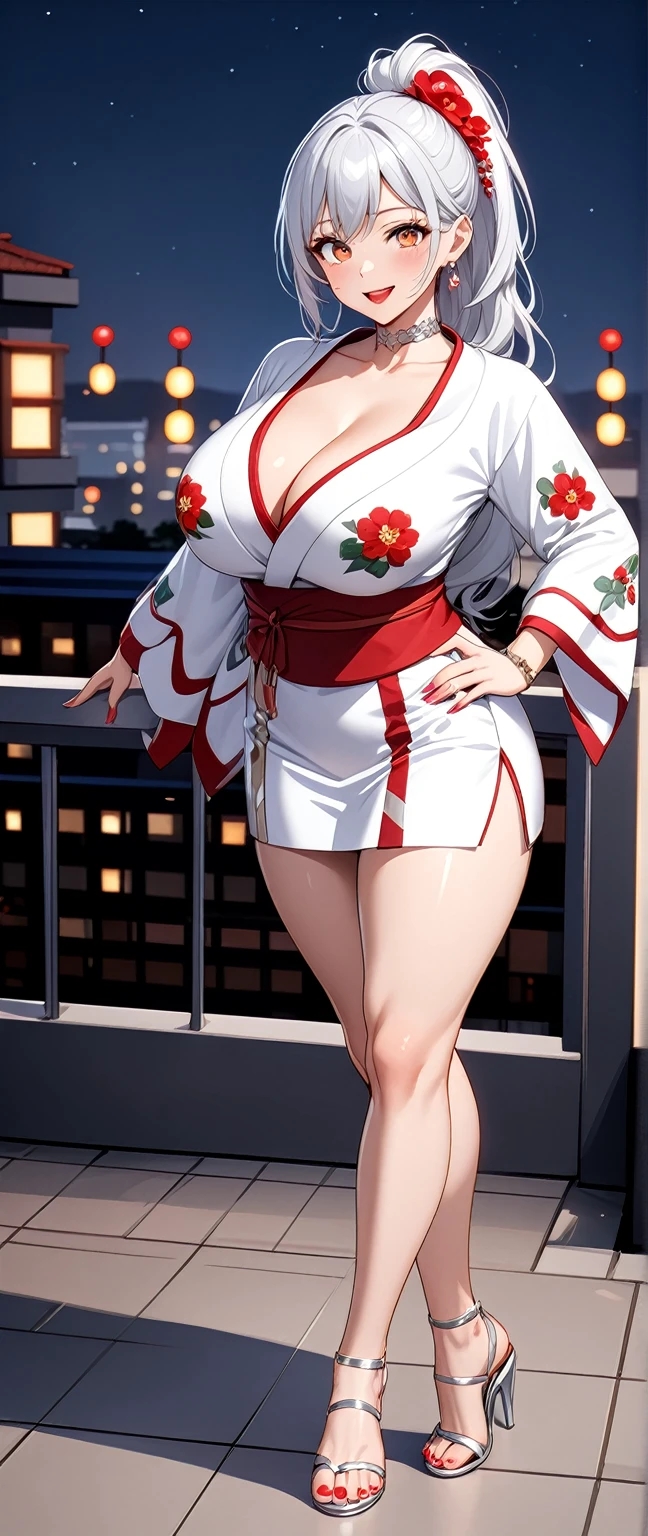 ((One personの女性)), Beautiful Face, full body, (Laughing embarrassedly), (laugh:1.2),((Wink:1.7)), (head tilt:1.3), Laugh with your mouth wide open, upper teeth, looking down at viewer, ((Bright red cheeks:1.4)),Glossy Red Lips,rooftop, firework, Glossy red lips, Shining Face, ((Anime style background)),masterpiece, Highest quality, so beautiful,up to date, Complex details, (Pink long nails),(ring),(bracelet),(Floral choker),AI-generated, Complex,High resolution, Highest quality, super high quality,3D Images、3D Images,One person,Long white hair,High Ponytail, Anime woman posing for a photo,(blue eyes), ((Fine grain、Silvery white, lightly pigmented eyes、Shining Eyes:1.4)), (Squint your eyes:1.1), beautiful detailed eyes, a hyperRealistic , hyperRealistic , Realistic,Anime woman with long white hair, Smooth anime CG art, A woman in a colorful kimono with gold embroidery, (Black long sleeve kimono),Red floral pattern,(black high heel sandals), Long flower hair ornament,Earrings,Mature Body,(Big Breasts:1.1),Tall,Abdominal muscles,Tight waist,(hand on hip), ((pigeon toed:1.4)), (from side),