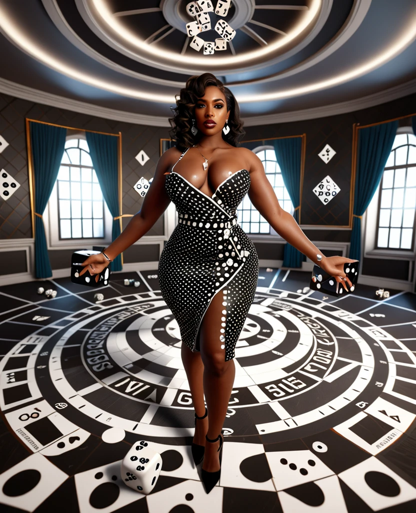 fish eye lens view shot of a curvy Black woman in a beautiful dress standing in a dice designed room, throwing dice at the viewer, with rolling dice designs on the walls, floor and ceilings, 32k ultra HD, unreal engine rendered, hyper-realistic image,