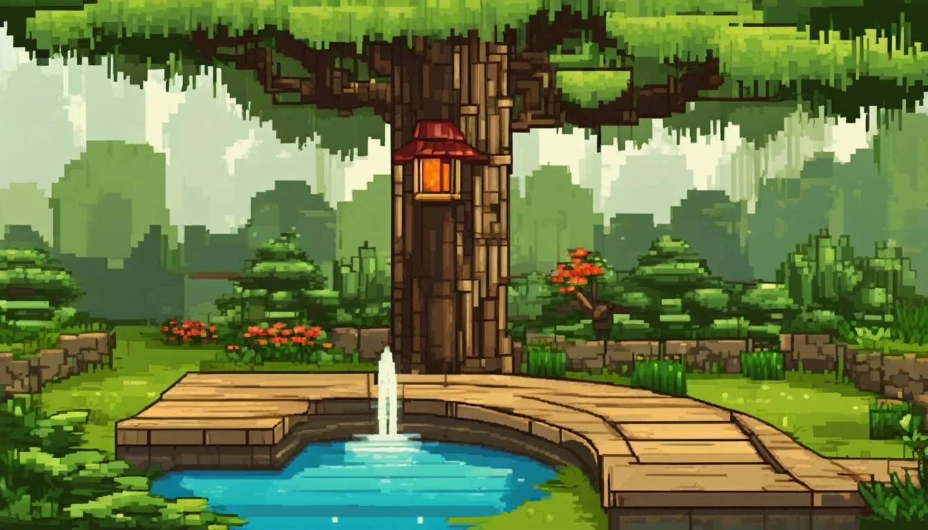 a zen themed backyard with a tree, a small pond with bamboo fountain and a ligth wood path background multiple texture spritesheet, pop-art-and-cartoon-style themed, 2d side scroller game, front view, pixel art