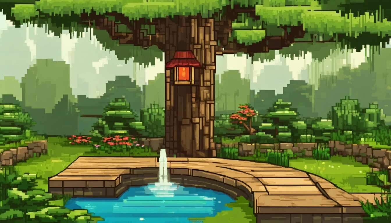 a zen themed backyard with a tree, a small pond with bamboo fountain and a ligth wood path background multiple texture spritesheet, pop-art-and-cartoon-style themed, 2d side scroller game, front view, pixel art