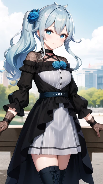 masterpiece, best quality, highres, aamahiro, long hair, blue hair, side ponytail, hair flower, blue flower, blue eyes, vertical stripes, black dress, long sleeves, lace gloves, black gloves, white skirt, black thighhighs, standing, cowboy shot, outdoors