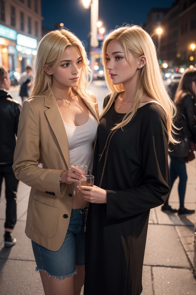 Young man flirting with a beautiful blonde woman on the street at night