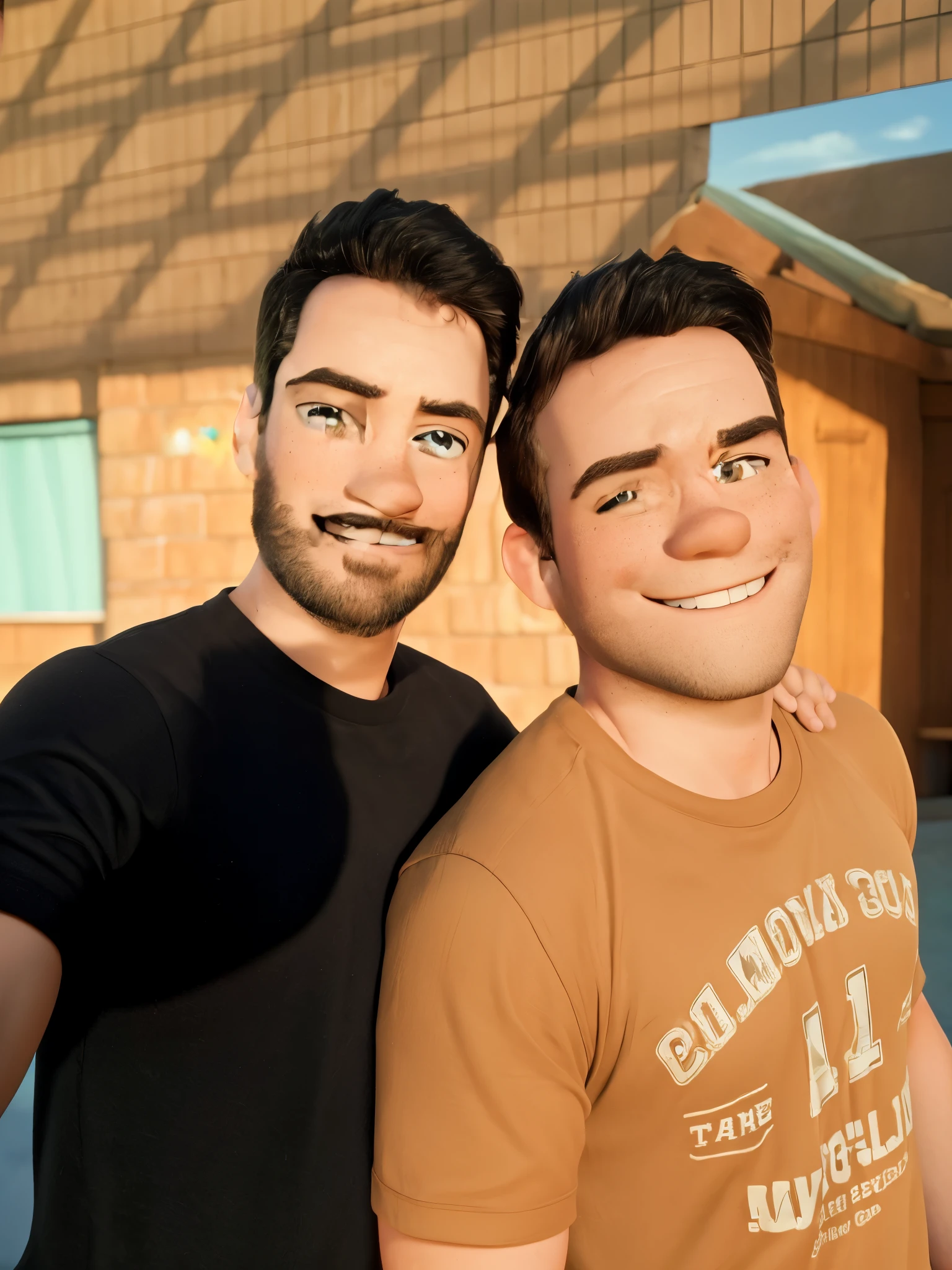 8k image , Disney Pixar style with a gay couple. The one on the right is smiling and wearing a brown t-shirt. The one on the left smiles with his mouth closed and wears a black t-shirt. They are both lit by the sun, and they're taking a selfie.