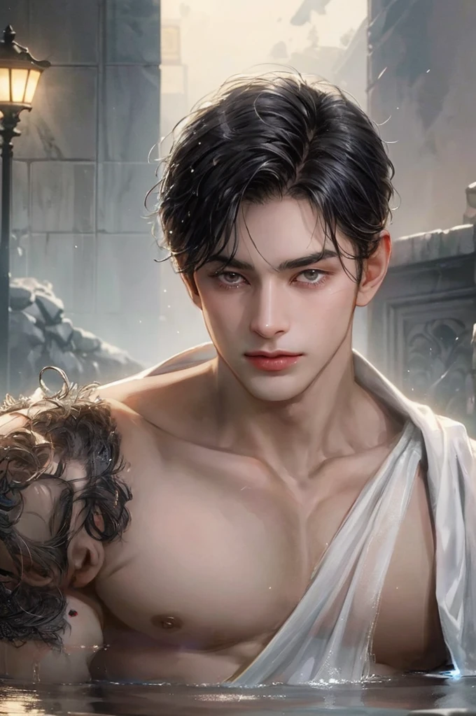 masterpiece, best quality, realistic 8K, one mature male, 36 years old, extremely detailed face, ((dark eyes)), ((short hair with bang parts 3:7 ratio)), (( wet hair)), muscular abs ((sexy)), Extremely delicate and stern face ((cold look)), ((sharp eyes)), cinematic lighting, modern era, (portrait), hotspring background.,Muscular, big body, strong,
