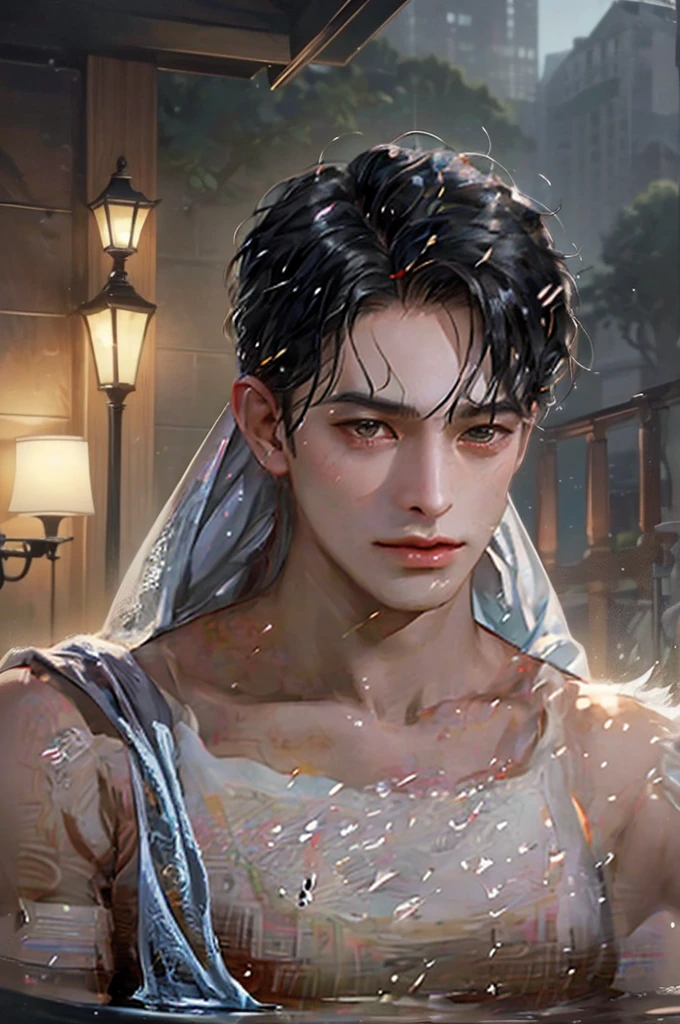 masterpiece, best quality, realistic 8K, one mature male, 36 years old, extremely detailed face, ((dark eyes)), ((short hair with bang parts 3:7 ratio)), (( wet hair)), muscular abs ((sexy)), Extremely delicate and stern face ((cold look)), ((sharp eyes)), cinematic lighting, modern era, (portrait), hotspring background.,Muscular, big body, strong,