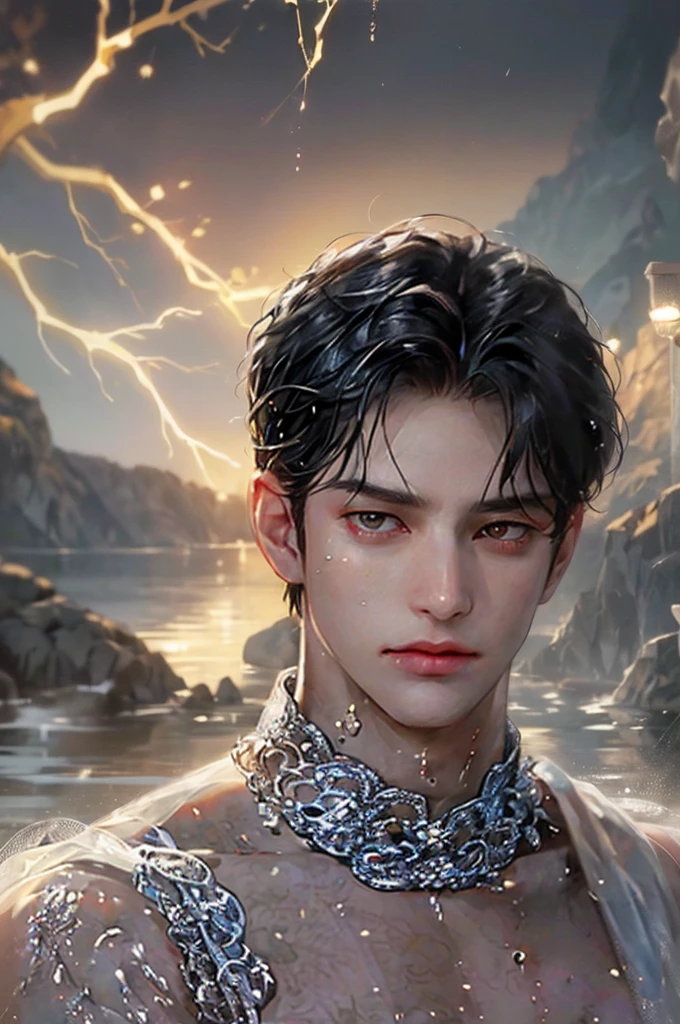 masterpiece, best quality, realistic 8K, one mature male, 36 years old, extremely detailed face, ((dark eyes)), ((short hair with bang parts 3:7 ratio)), (( wet hair)), muscular abs ((sexy)), Extremely delicate and stern face ((cold look)), ((sharp eyes)), cinematic lighting, modern era, (portrait), hotspring background.,Muscular, big body, strong,