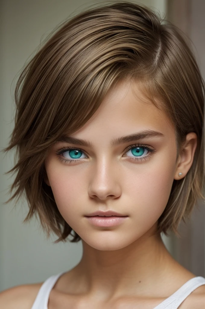 Create a teenager with medium short hair , golden in color, with light brown skin and blue eyes., green, purple, gray and brown and that you can see their colors well. eyes and naturally