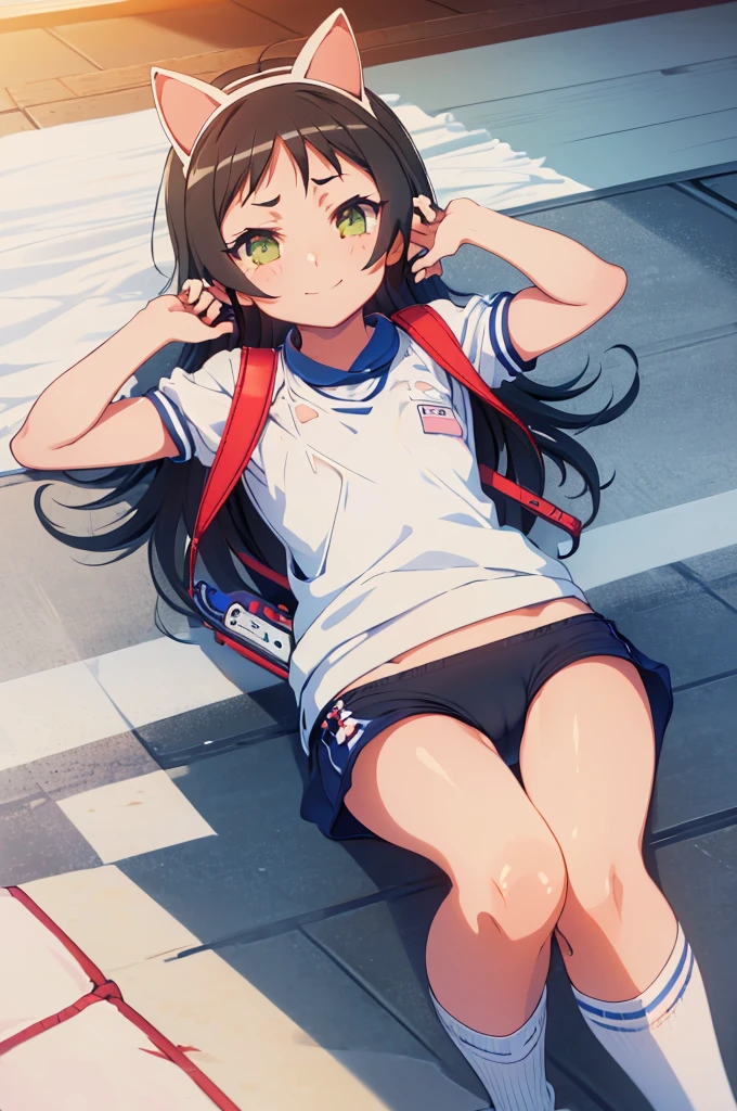 masterpiece, ultra quality, ultra sharp, ultra detailed, 1girl, solo, (((good anatomy))), haduki kurumi, (tattered torn dripping wet white gym shirt), navy gym pants, animal ears, randoseru, name tag, Japanese anime pose, laugh, BurumaShorts, Buruma, Gym Uniform, (((lying:1.4,  spread_legs, legspread, split_legs, spreading legs)), (randoseru backpack:1.4), (smirk smile), buruma, blue buruma, black buruma, (cameltoe), (tattered torn short sleeve white gym uniform with colored hem), (tiny nipples), (white long loose socks), strong lighting, legspread, bukkake, cum on clothes, cum on legs, cum on buruma, cum on bloomers,