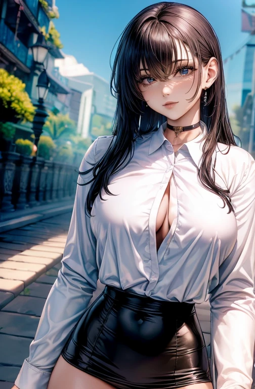 (strong and bright eyes)beautiful, beautiful woman, perfect anatomy, perfect body, perfect breasts, choker:1.6, captivating look, slight smile, realism, Masterpiece, Rough skin , super detailed, high detail, high quality, 最high quality, 1080P, 16k, realist, 1 girl, (black fur:1.6, waist length hair), crop top, shiny black tight mini skirt, Chapped lips, blush, evening, flores, sun, sunlighT, (in underwear), (white long sleeve collared shirt:1.4), shy