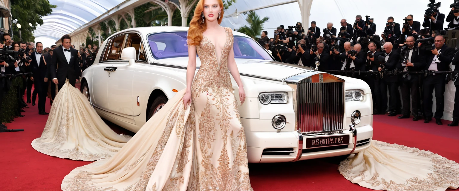 An elegant strawberry blonde emerges from a vintage Rolls-Royce onto the iconic red carpet, the train of her ornately embroidered couture gown cascading gracefully behind as paparazzi flashes reflect off every meticulously set ruby and diamond.