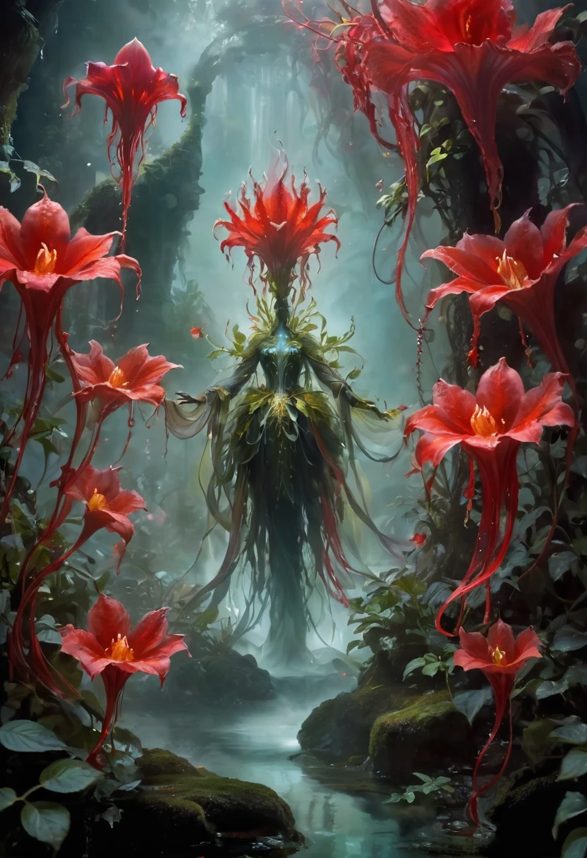 Magic plantloody ghost flower from the abyss, Ghost Flower,Blood-red tentacles stare at the dead，Enchantment，uncanny，terror