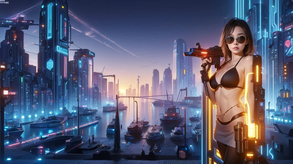 (((a medium-breast bikini slim GIRL with black (micro) sunglasses))), (((((aiming at viewer with a pistol))))), a balcony of a futuristic building, aerial view of an ultra-futuristic megalopolis, metal buildings and houses in dark colors from dark blue to black, shades of metal gray, smoky metal structures, industrial environment with smoke and fog around, dark cars on the streets, desert megalopolis, modern metal rails and trains passing through, tall futuristic metal buildings, ultra modern buildings, (((((futuristic harbour))))), realistic, detailed, sci-fi.