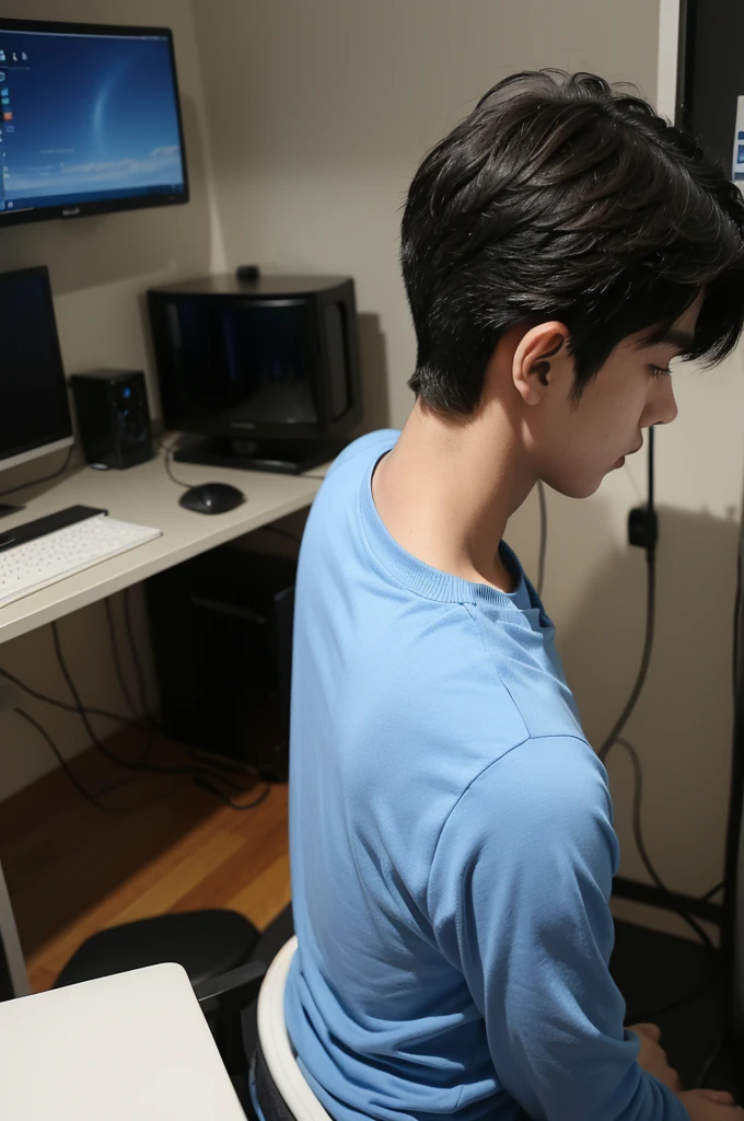 a teen boy playing games in his wonderful 3 monitor pc (phot should be realistic, dont show his face, rather show his head from back +