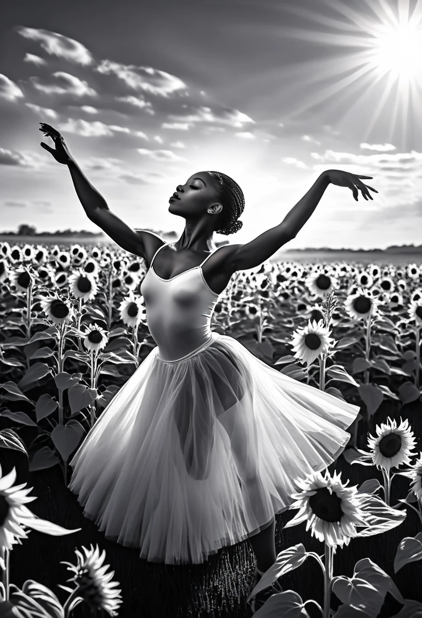 Black woman ballerina dancing in a field of sunflowers, black and white image with only the sunflowers in colour, sunlight shining a beautiful low light in the cinematic scene, 32k, ultra HD, hyper-realistic image.
