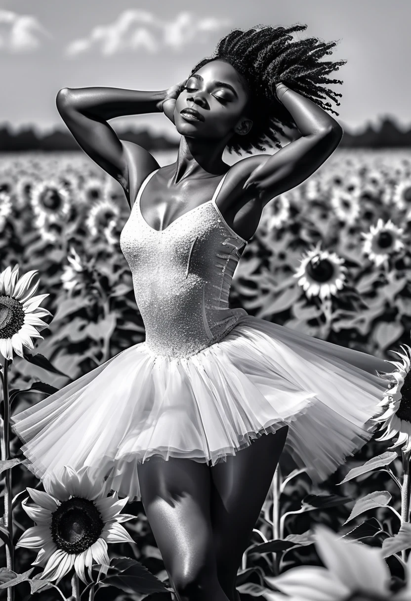 Black woman ballerina dancing in a field of sunflowers, black and white image with only the sunflowers in colour, sunlight shining a beautiful low light in the cinematic scene, 32k, ultra HD, hyper-realistic image. 