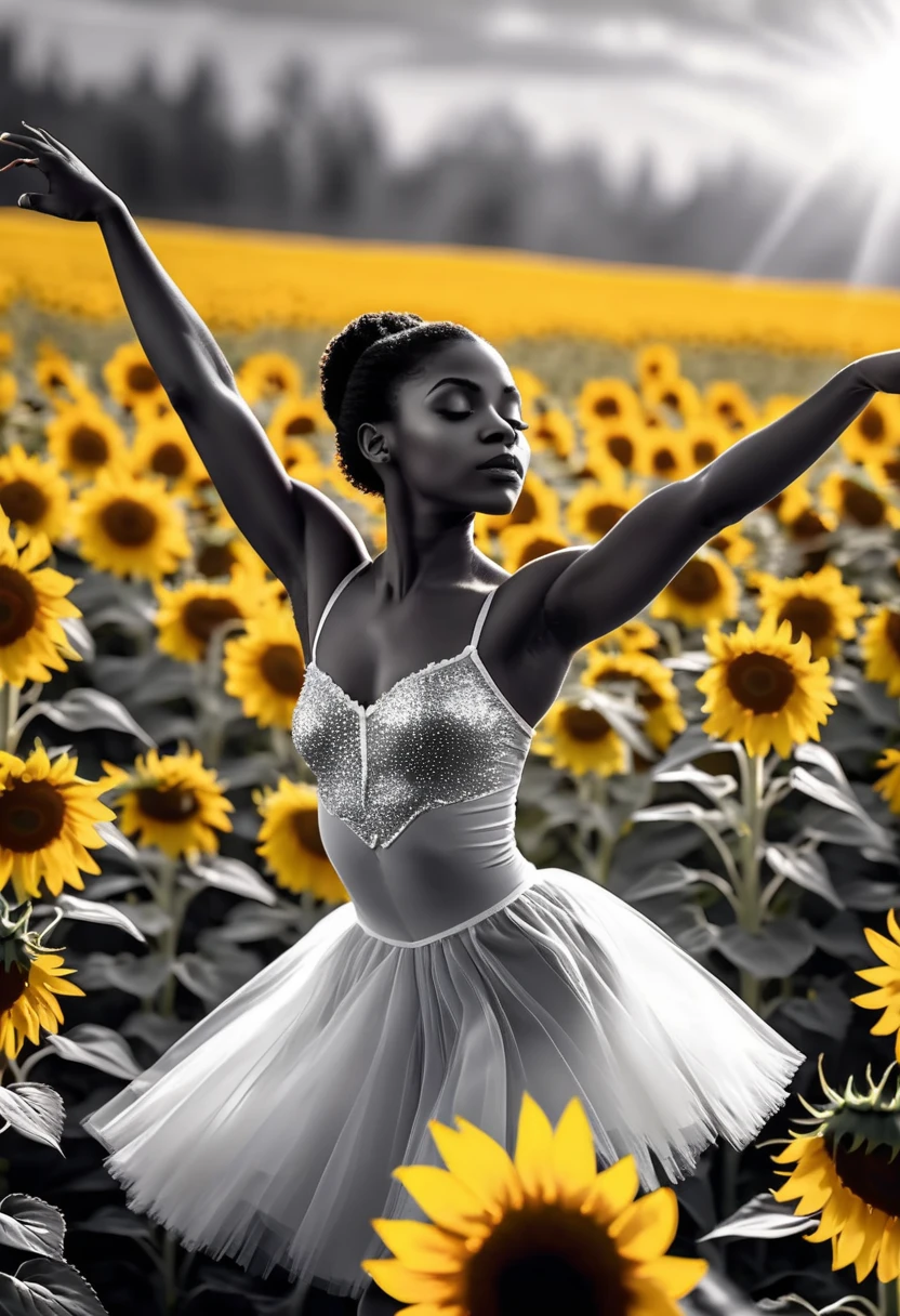 Black woman ballerina dancing in a field of sunflowers, black and white image with only the sunflowers in colour, sunlight shining a beautiful low light in the cinematic scene, 32k, ultra HD, hyper-realistic image.