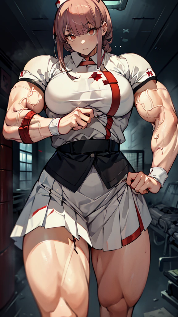 Masterpiece artwork, highest quallity, More details, 1 girl, BREAK, horor, (Little injured girl, bloodstains, bleeding, injury), Bright white hair, red eyes like jewels, anime highlighted eyes, (nurse uniform: 1.4), (White tight miniskirt: 1.2), white pantyhose, clothes with scars, dirt clothes, roupas manchadas de bloodstains, scarred skin, battle damage, bandaged arms, bandaged legs, (yandere: 1.2), BREAK, The background is a modern hospital, a collapsing hospital, BREAK , fully body, film lighting, Action Movie Poster, dynamic, beautiful action actress, motion-blur, Depth of field, 35mm, Sony FE, 1girl, musculosa extremely muscular, extremely muscular, extremely large physique, pernas extremely musculars, braços extremely muscular, extremely sex,