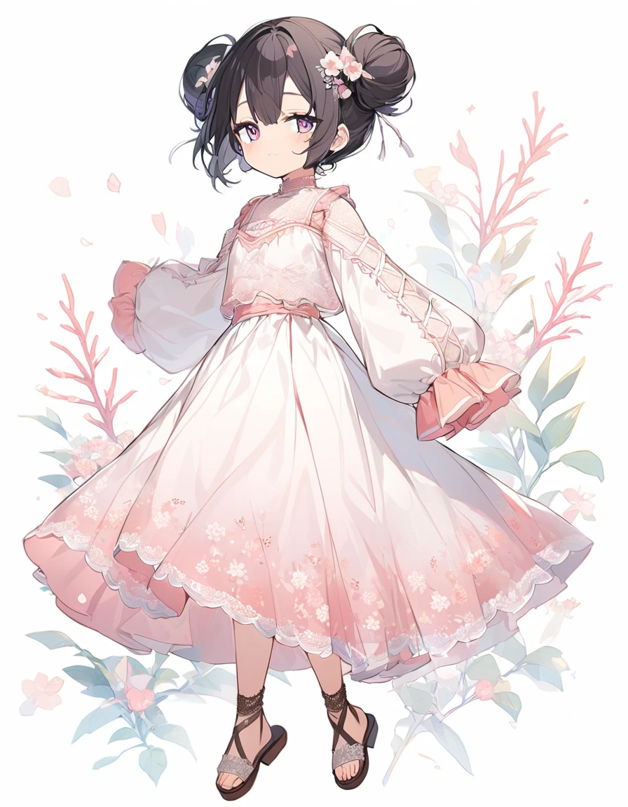 1girl,solo,short_stature,black-hair,double-buns,lightcoral-eyes,half-closed-eyes,flat-chest, Blouse with a small floral pattern on a white background. The sleeves are see-through and trimmed with lace. Pink ruffled long skirt made of cotton fabric. Skirt length is ankle length. brown lace up sandals,full body,