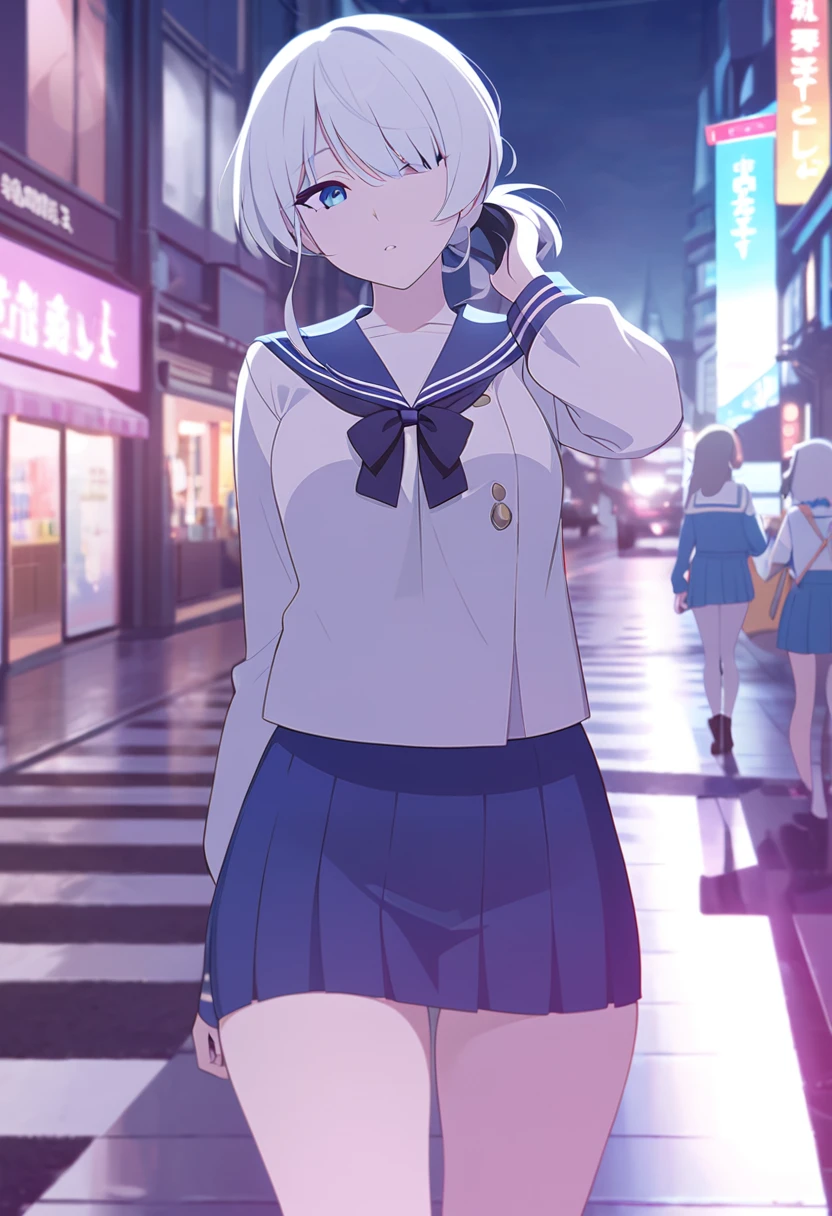 One tall woman,White Hair,Hairstyle is short ponytail,Sharp blue eyes,Medium chest,Slightly wider thighs,Woman hiding her right eye with her hair)Sailor suit,Short skirt,woman walking in the city at night