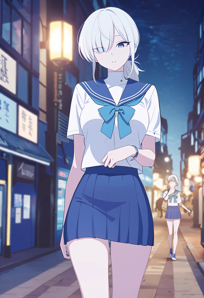 One tall woman,White Hair,Hairstyle is short ponytail,Sharp blue eyes,Medium chest,Slightly wider thighs,Woman hiding her right eye with her hair)Sailor suit,Short skirt,woman walking in the city at night