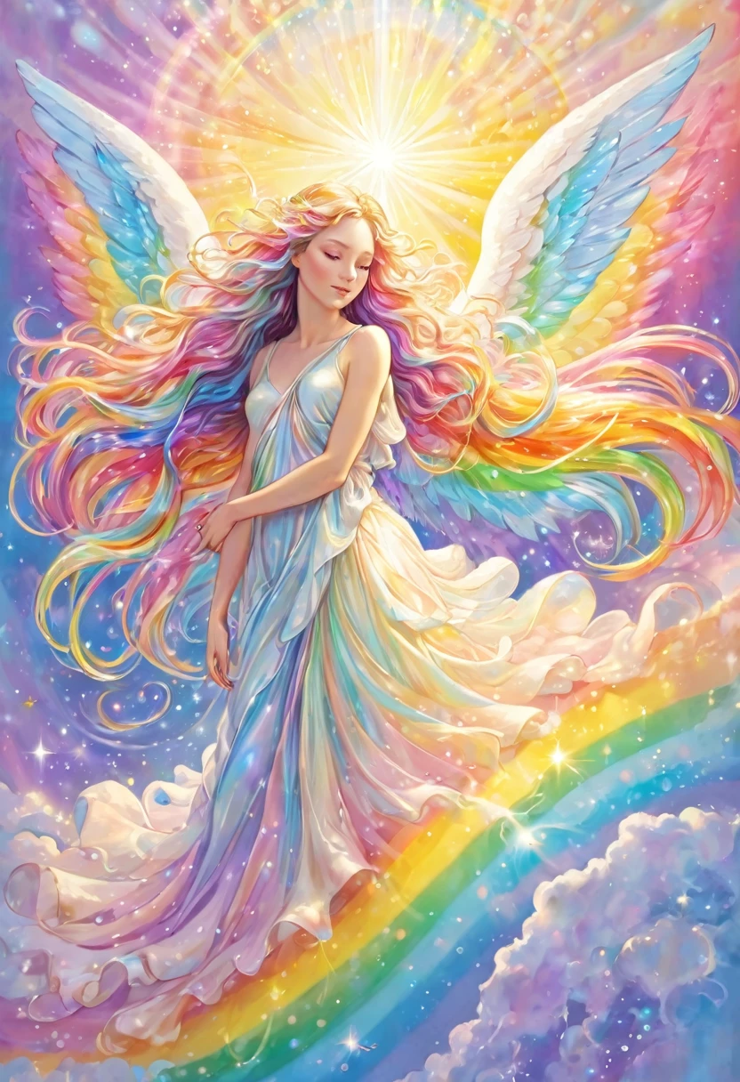 The birth of a beautiful angel, divine light, wrapped in light, pearl light born from a large pearl shell, long hair in pastel rainbow colors