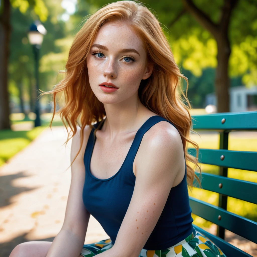 Stacey, A tall, young woman, 22 years old, with long shoulders, athletic, lanky female, a strong build and long, freckles, strawberry blonde hair, freckles. Her skin is pale, toned arms, and a muscular midsection. long legs, She has small breasts, well defined chest, and soft thighs, giving her a delicate and graceful appearance. Her overall look is average in terms of attractiveness, with features that blend in rather than stand out, sitting on a park bench, asymmetrical, bodycon,skirt, Tank top , minimalist art, abstract, bold colors, 1girl, beautiful detailed eyes, beautiful detailed lips, extremely detailed face, long eyelashes, portrait, digital painting, oil painting, acrylic, vibrant colors, vivid colors, high contrast, dramatic lighting, cinematic lighting, dramatic shadows, minimalist background, geometric shapes, clean composition, surreal, dreamlike, impressionistic, hyperrealistic, photorealistic, 8k, highres, best quality, masterpiece, symmetrical
