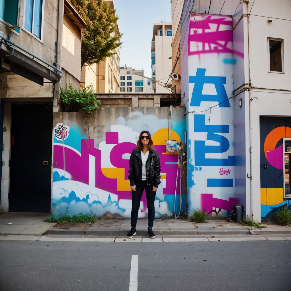 Photograph in a city setting with graffiti walls or modern architecture in the background.