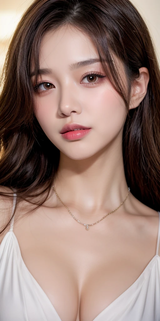 Canon RF85mmf/1.2,masterpiece,Highest quality,Ultra-high resolution,VC,1 Girl,(Korean mixed race,K-Pop Idols:1.2),alone,white_Shiny_skin,Iris,necklace,((brown_length_Wavy_hair)),((pink_Shiny_lips)),eyelash,前hair,make,compensate,Shiny,pore,skin texture,bracelet,Off the shoulder,See-through,Big Breasts