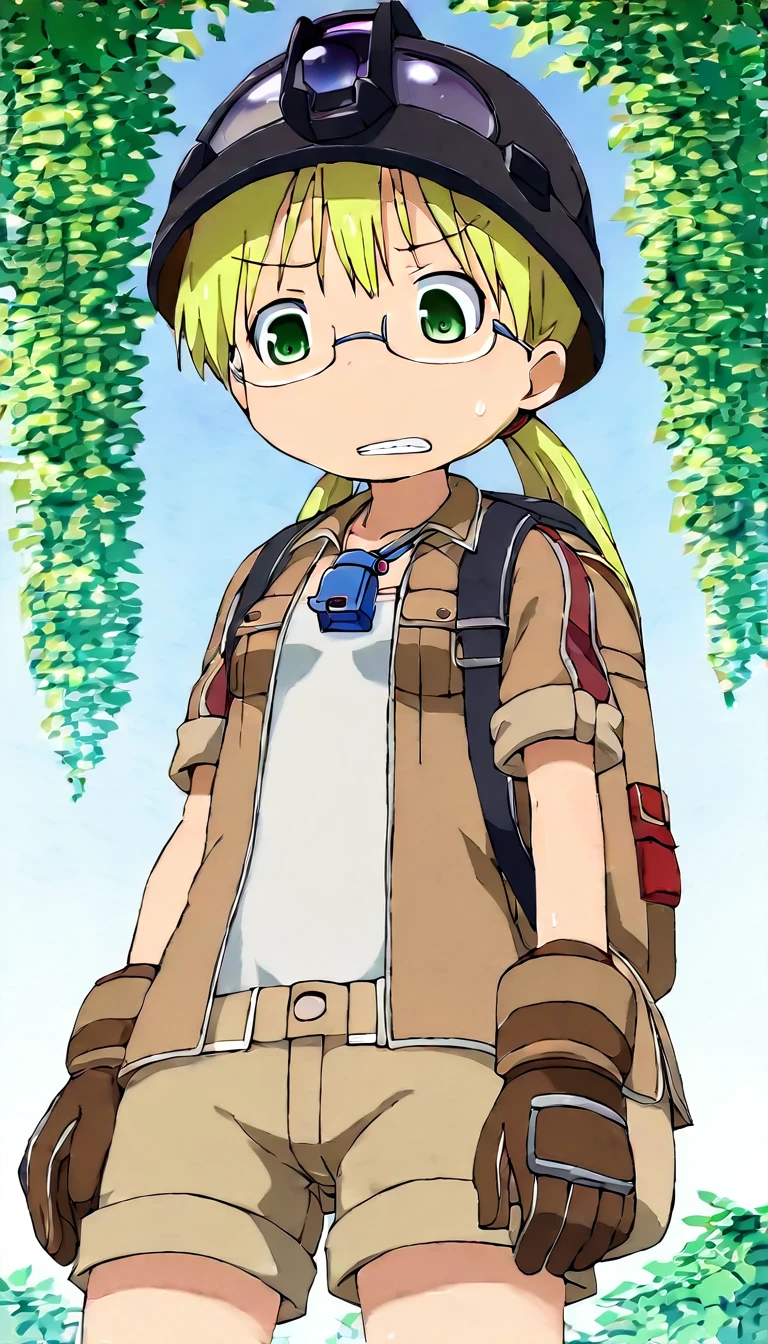 score_9, score_8_up, score_7_up, score_6_up, source_anime, BREAK
1girl, solo, mabyss, scenery, thirdlayer, riko \(made in abyss\), blonde hair, green eyes, glasses, low twintails, gloves, jacket, short sleeves, open clothes, teeth, shorts , bag, open jacket, backpack, helmet, , brown gloves, brown jacket, female , whistle, whistle around neck, (((looking down, blushing, shocked expression, clenching teeth, hands on cheeks))), brown helmet, full body, boots, standing, hands on hips, ((wetting self, yellow puddle, pee stains, ))