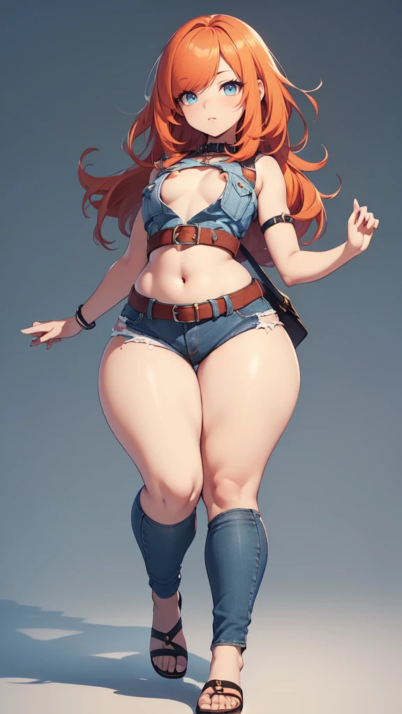 blank background, (((full body))), (masterpiece), ((best quality)), (very short girl), ((flat chest)), hair over one eye, (wide hips:1.4), ((thick thighs:1.4)), (blue jeans), sandals, belt below navel, fanny packs, ginger hair, from behind