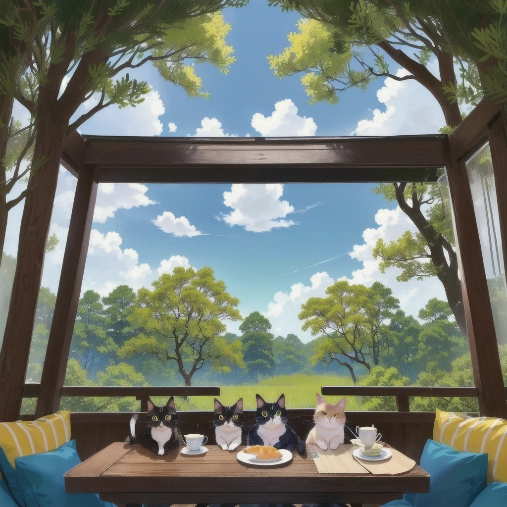 forest，cute cat，fish，There is only one animal，Only one cat，美味的fish，Cat at the dining table，stream，copse，Blue sky and white clouds，Children&#39;s illustrations，HD，Ultra-clear，超HD，4K，8K，5.1，bush