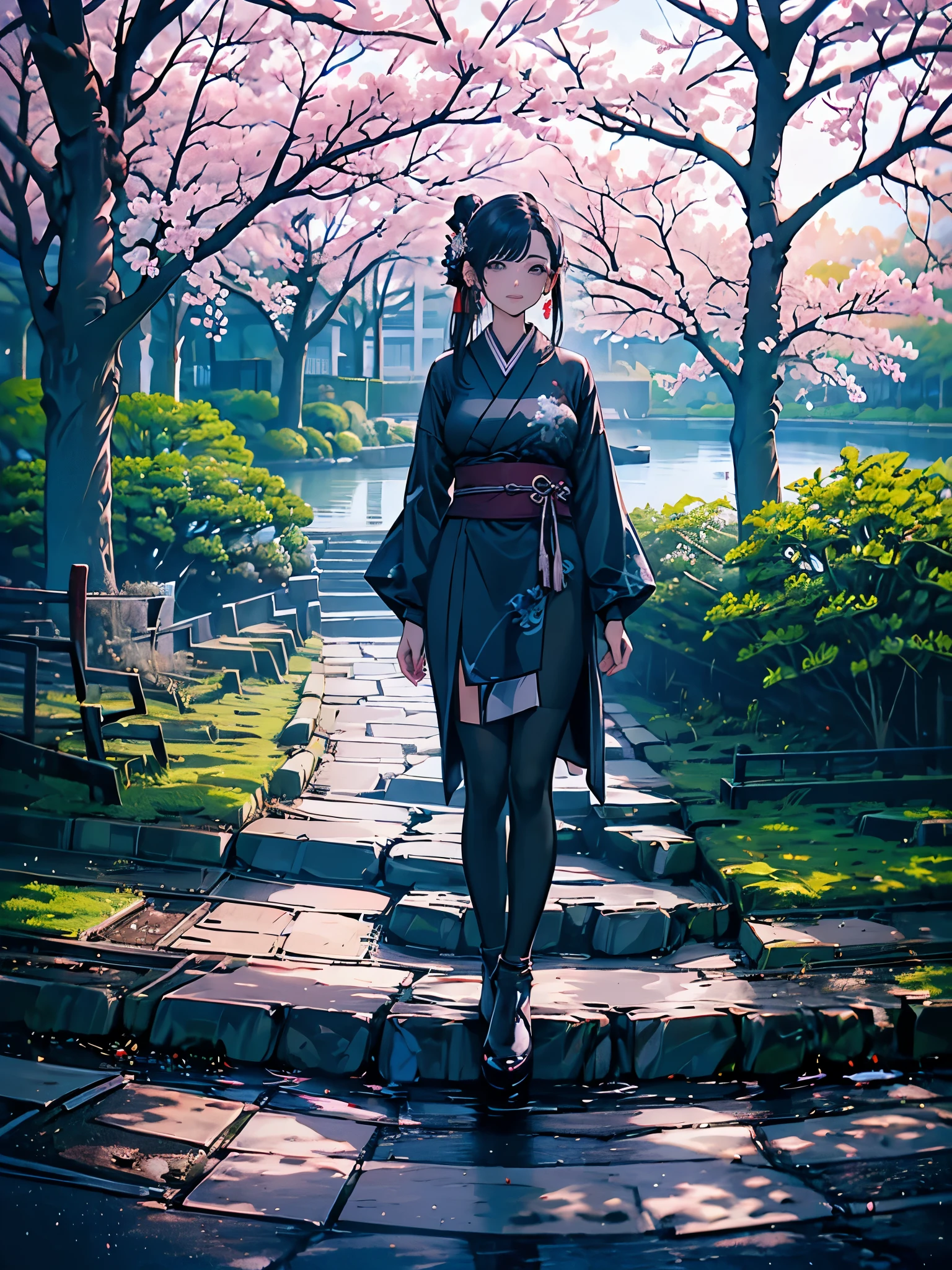 ((best qualityer)), ((work of art)), ((realisitic)),  with impeccable beauty in a serene Japanese garden with cherry blossoms at eye level, scenic, work of art, (high resolution), original, extremely detalheed 8K , (photorealisitic:1.4),flawless face, perfects eyes,symmetrical body shape,ssmile, 