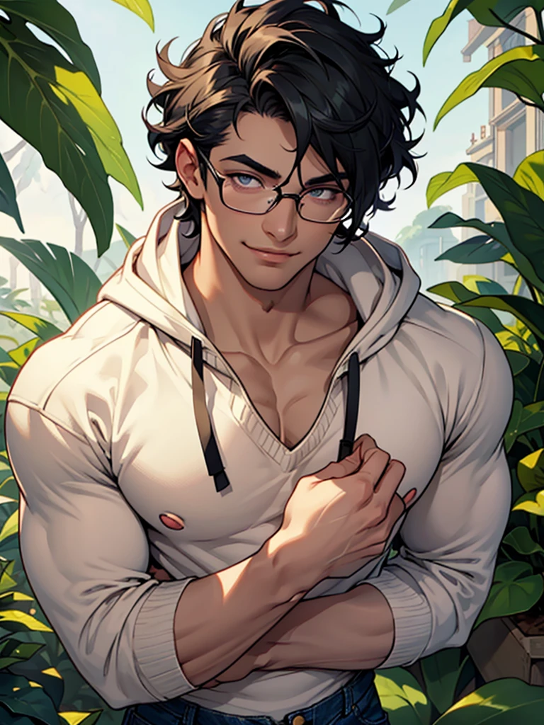 A handsome young man with curly, fluffy black hair, hooded almond-shaped eyes in a mossy green color, smooth and soft olive-toned skin, defined facial features, a slender, triangular body shape, a straight nose with a soft tip, plump, full lips with a pronounced Cupid's bow, a wide mouth, long lashes, tall stature with large hands and dark purple painted nails, a chiseled jawline, high cheekbones, and thick straight eyebrows, yet with a gentle demeanor. He wears a white shirt, a beige sweater on top, loose light blue denim jeans, and white shoes. He has rectangular thin-framed glasses and a "messy cut" hairstyle. His smile is kind and welcoming, with perfectly white teeth despite having sharp canines.